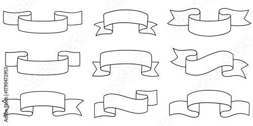 Hand-drawn doodle set of empty ribbon banners on a white background.