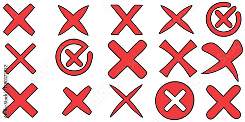 Hand-drawn cartoon set of rejection red crosses on a white background.