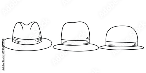 Hand-drawn doodle set of hats on a white background.