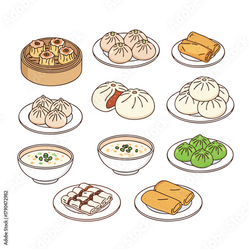 Cartoon Dim Sum Variety Set with Dumplings, Buns, Rolls, and Congee Illustration