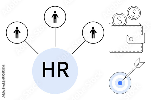 HR circle links employee icons, wallet with coins, and target with dart. Ideal for recruitment, management, team building, financial planning, strategy organization productivity. Simple flat