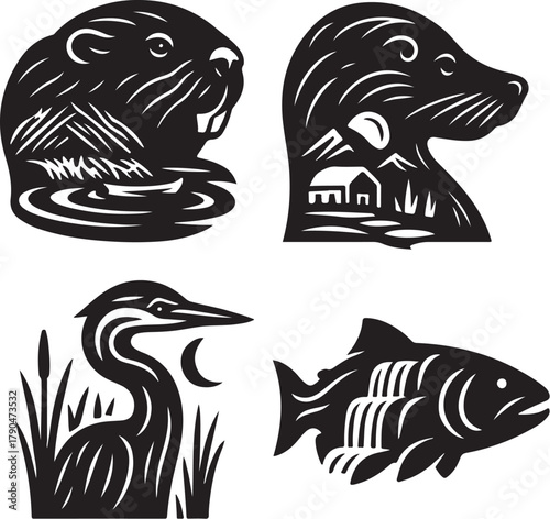 Aquatic Animals Double Exposure Vector Illustration.eps