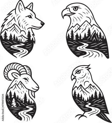 Alpine Animals Double Exposure Vector Illustration.eps