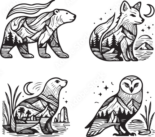 Arctic Animals Aurora Double Exposure Vector Illustration.eps