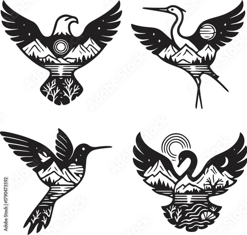 Birds Lake Reflection Double Exposure Vector Illustration.eps