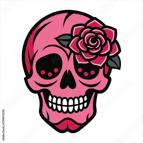 Cartoon skull head with a black rose vector illustration for Halloween tattoo design