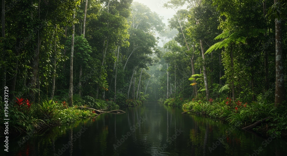 Fototapeta premium Towering trees and thick undergrowth fill a misty tropical rainforest as sunlight filters through the canopy in a ground-level view. Suitable as a serene looping backdrop for nature or adventure theme