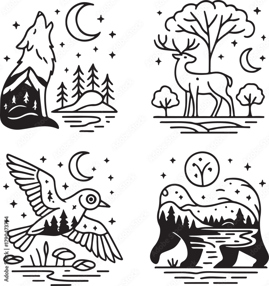 Fototapeta premium Forest Animals Celestial Double Exposure Vector Illustration.eps