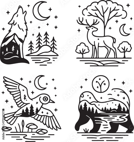 Forest Animals Celestial Double Exposure Vector Illustration.eps