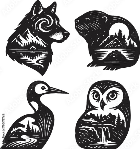 Forest Animals Double Exposure Vector Illustration.eps