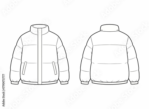 Stylish Puffer Jacket Design, Fashion Illustration, Studio Setting, Flat View, Modern Aesthetic for Trendy Winter Wear