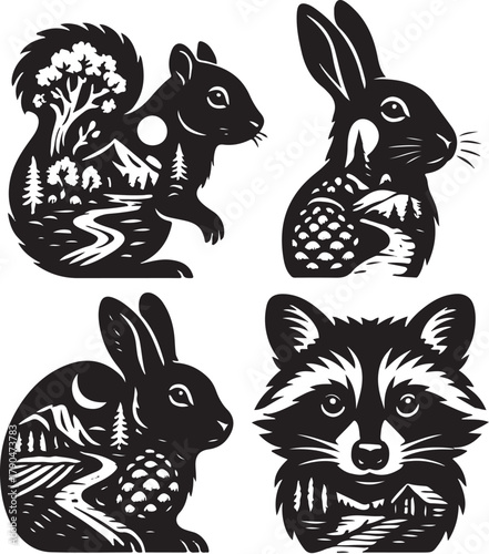 Four Forest Animals Double Exposure Vector Illustration.eps
