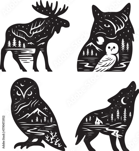 Night Creatures Double Exposure Vector Illustration.eps
