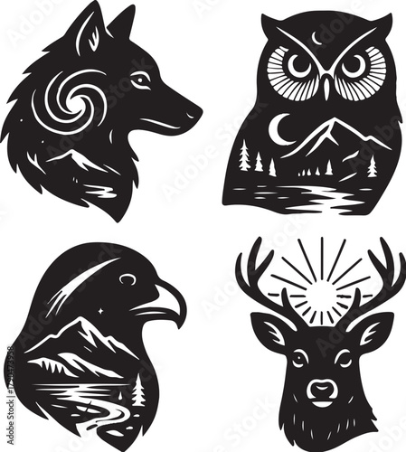Night Animals Celestial Double Exposure Vector Illustration.eps