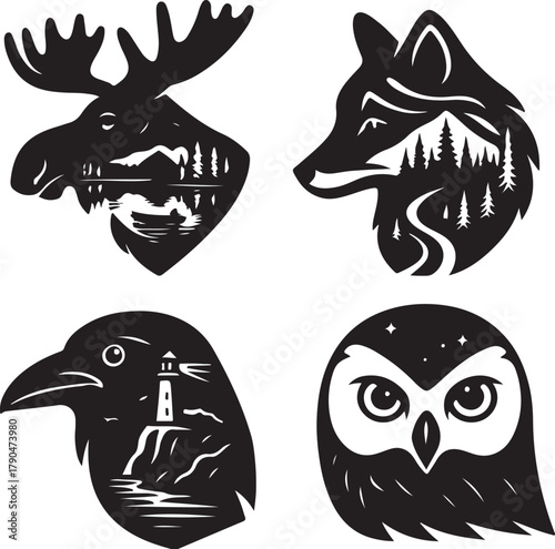 Northern Animals Double Exposure Vector Illustration.eps