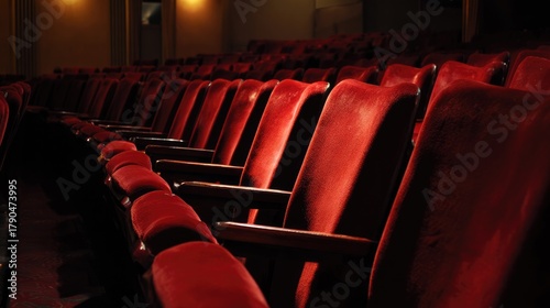 Empty theater with rows of red velvet chairs under dramatic stage lighting atmosphere. 
