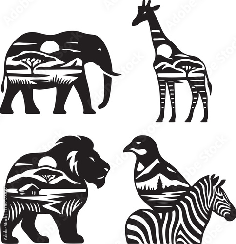 Savannah Animals Double Exposure Vector Illustration.eps
