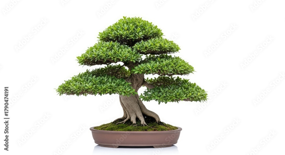 Fototapeta premium A meticulously crafted bonsai tree, showcasing intricate foliage and trunk details, set against a clean white background.