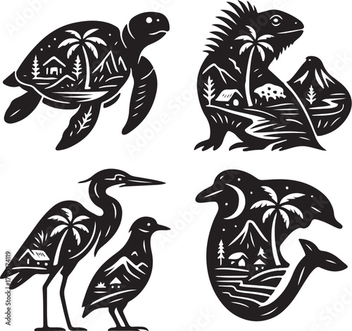 Tropical Animals Double Exposure Vector Illustration.eps