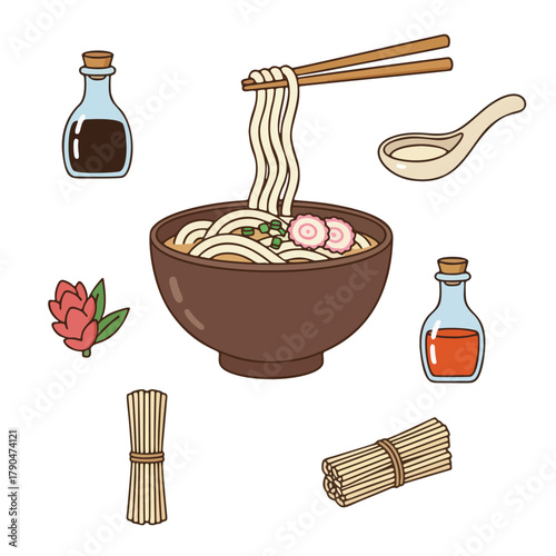 Cartoon Japanese Udon Noodle Bowl with Ingredients and Sauce Bottles Illustration