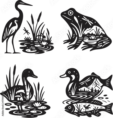 Wetland Animals Double Exposure Vector Illustration.eps