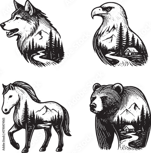 Wild Animals Double Exposure Vector Illustration.eps