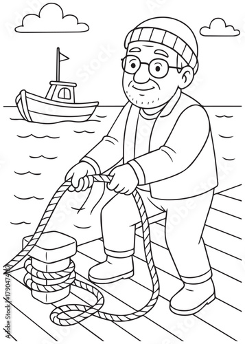 coloring book fisherman pulling rope at wooden dock with boat nearby