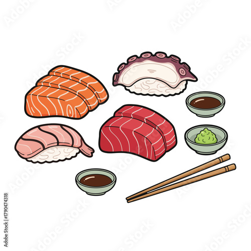 Cartoon Sushi Nigiri Set with Wasabi, Soy Sauce, and Chopsticks Illustration