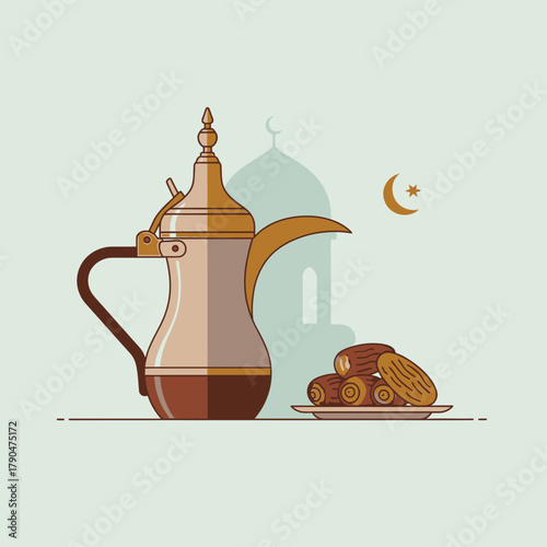 Vector Illustration of Traditional Coffee Pot with Arabic Design Elements in Modern Minimalist Style