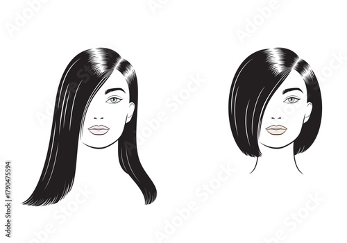Vector drawing of outline fashion female faces with medium-length haircut and bob haircut, set of girls with various hairstyle, front view, isolated, on white background.
