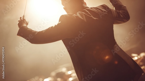 Dynamic orchestra conductor in formal attire against a stage backdrop, embodying musical passion. event programs, museum guides, designed for cultural heritage projects and event programs.
