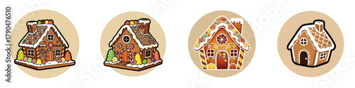 Gingerbread houses in various designs with icing and decorations  