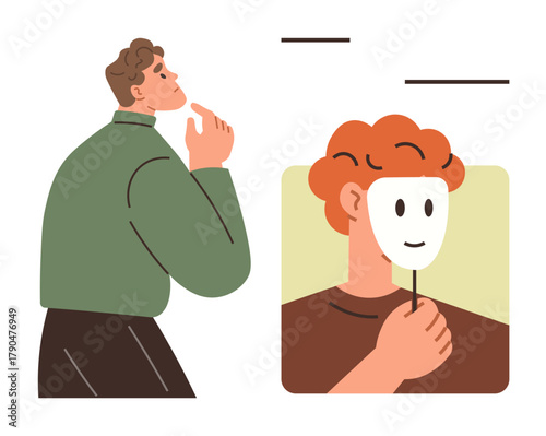Man pondering with one hand on chin while another individual holds a white mask in front of face. Ideal for identity, deception, emotion, introspection, reflection, psychology, and decision-making