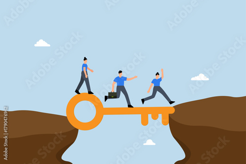 Key success, business people walk on key success cross the gap.