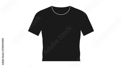 A black t shirt with a white trimmed collar isolated on white background