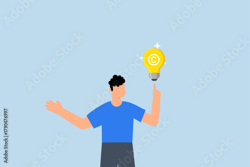 Copyright reserved, Entrepreneur with a light bulb concept featuring a copyright emblem.