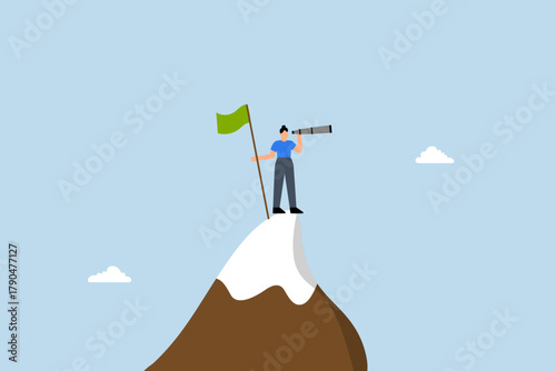 business achievement, successful businesswoman on mountain summit seeks new challenge.