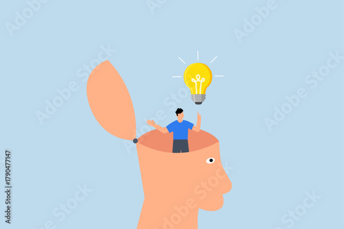 man with eureka moment discover lightbulb idea in his head.