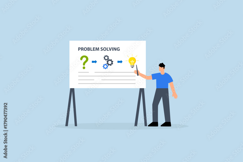 Fototapeta premium Problem solving skill, Entrepreneur demonstrates issue resolution process on whiteboard.