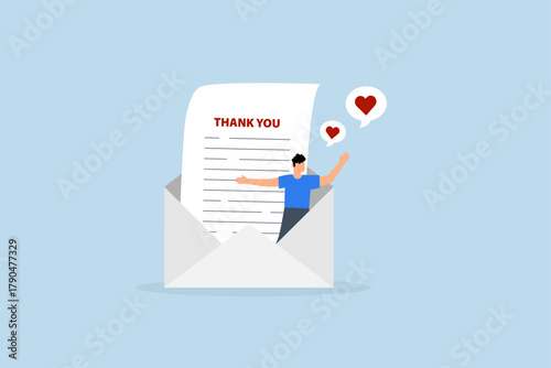Thank you message, businessman expressing gratitude on a thank you message envelope.