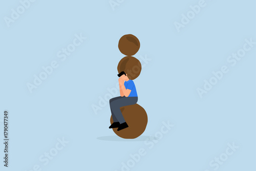 Burden, businessman thinking with heavy burden boulder rock.