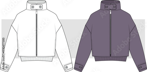 Unisex high collar jacket, coat fashion technical drawing, illustration. Relaxed fit jacket, coat vector. Front and back view. CAD, Mockup set.