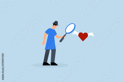 Find your passion, investigator gaze magnifying lens with love-shaped enthusiasm.
