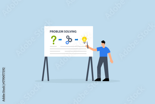 Problem solving skill,  Entrepreneur demonstrates issue resolution process on whiteboard.