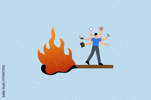 Toxic productivity, efficient entrepreneur on blazing matchstick.