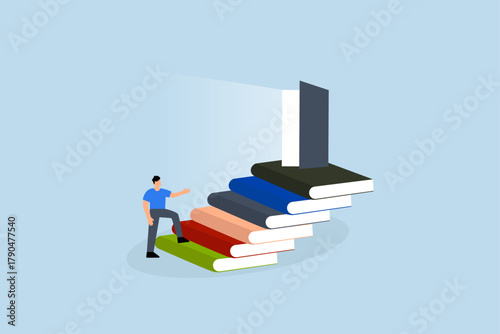 learning for new opportunity, entrepreneur ascends pile of books stairway to arrive at opportunity entrance.
