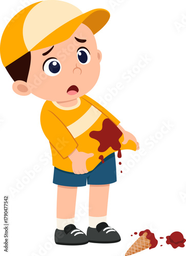 cute little kid stand and the ice cream falling to the ground