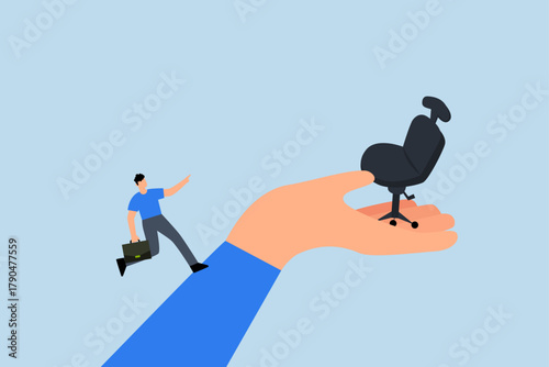 Employment opportunity, businessman run up big hand to new office chair.