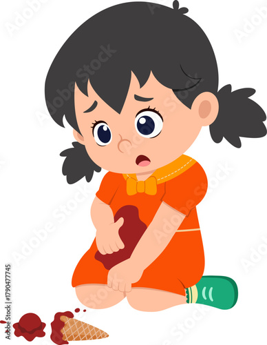 cute little kid sitting and the ice cream falling to the ground