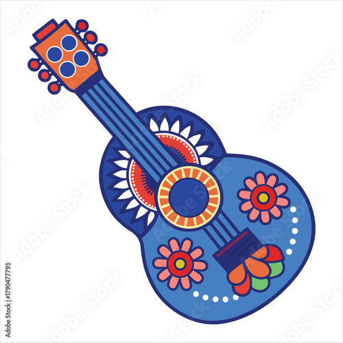 Blue background vector illustration with gears and a rock music guitar symbol icon